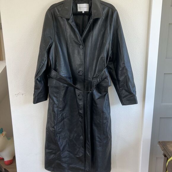 Rebecca Minkoff Mod Trench Coat Long Belted Faux Leather Jacket Size L Lined - Picture 2 of 13